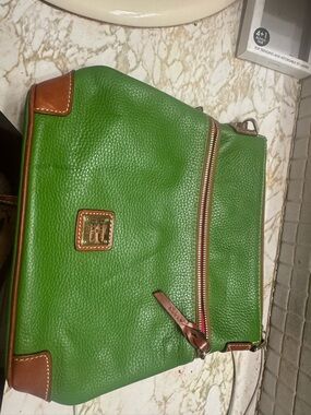Dooney & Bourke Green Leather Messenger with Brown Trim